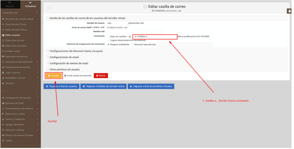 Como cambiar la contraseña de una cuenta de Correo en Virtualmin.